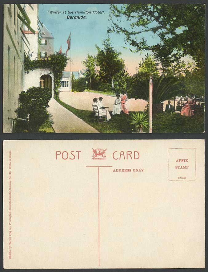 Bermuda Old Colour Postcard Winter at The Hamilton Hotel Garden, Ladies Man Flag