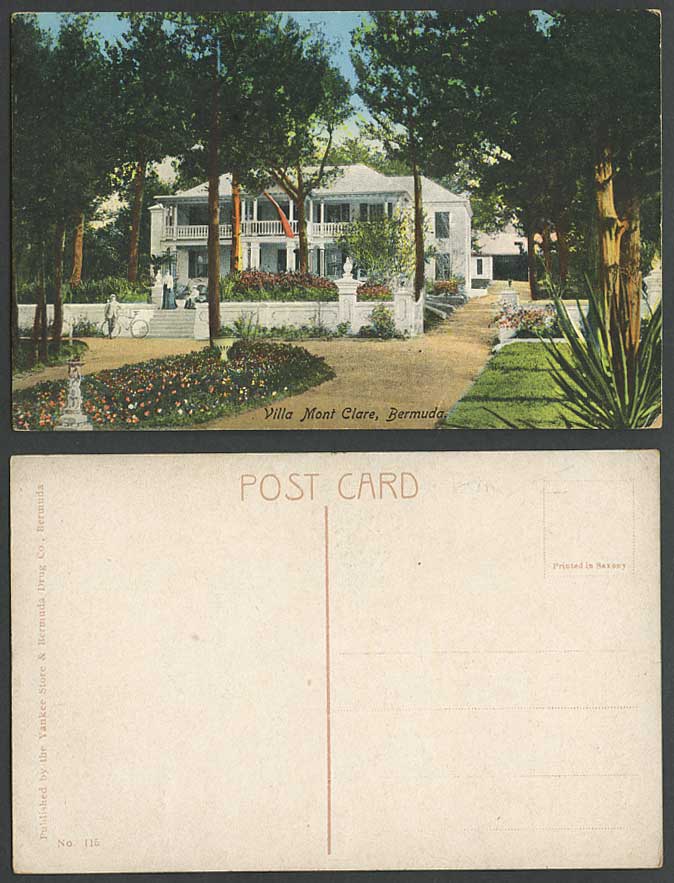 Bermuda Old Colour Postcard Villa Mont Clare Bicycle Garden Flowers Yankee Store