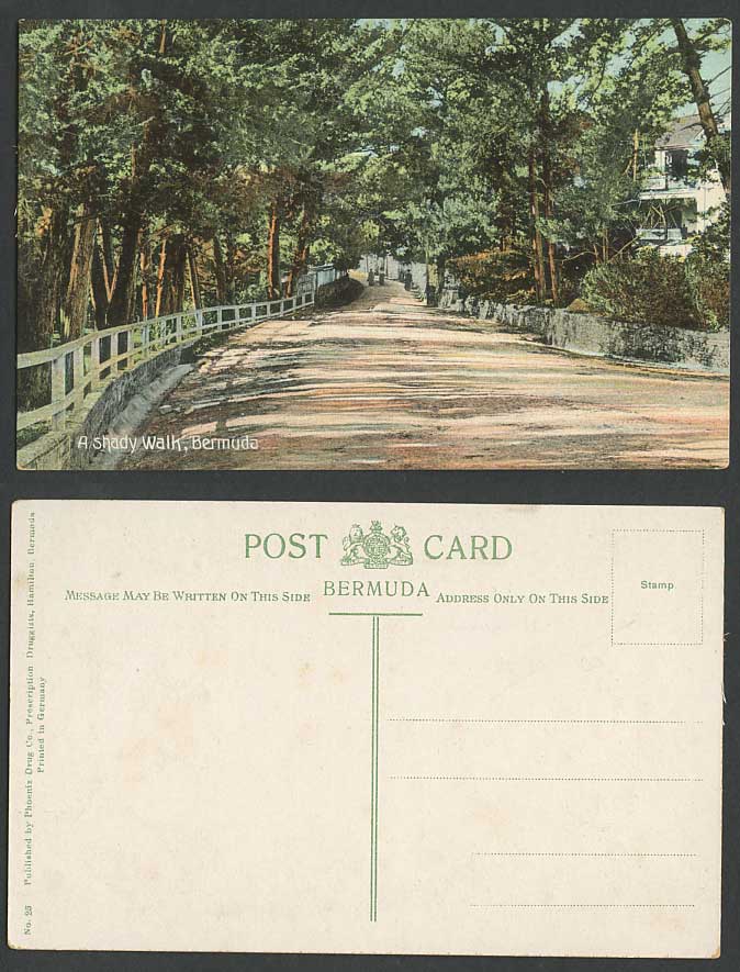Bermuda Vintage Old Colour Postcard A Shaddy Walk, Trees, Phoenix Drug Co. No.25