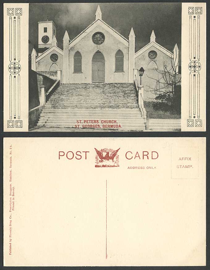 Bermuda Old Postcard St. Peters Church St. Georges Steps Phoenix Drug Co. No. 2b