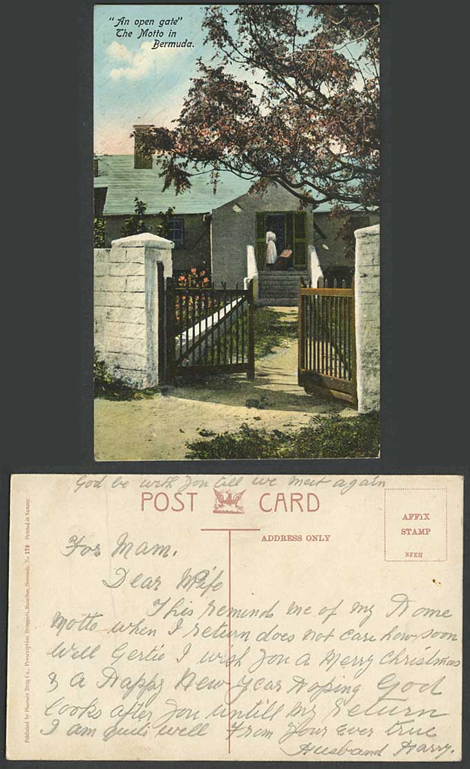 Bermuda Old Colour Postcard An Open Gate The Motto in Bermuda House Entrance 179