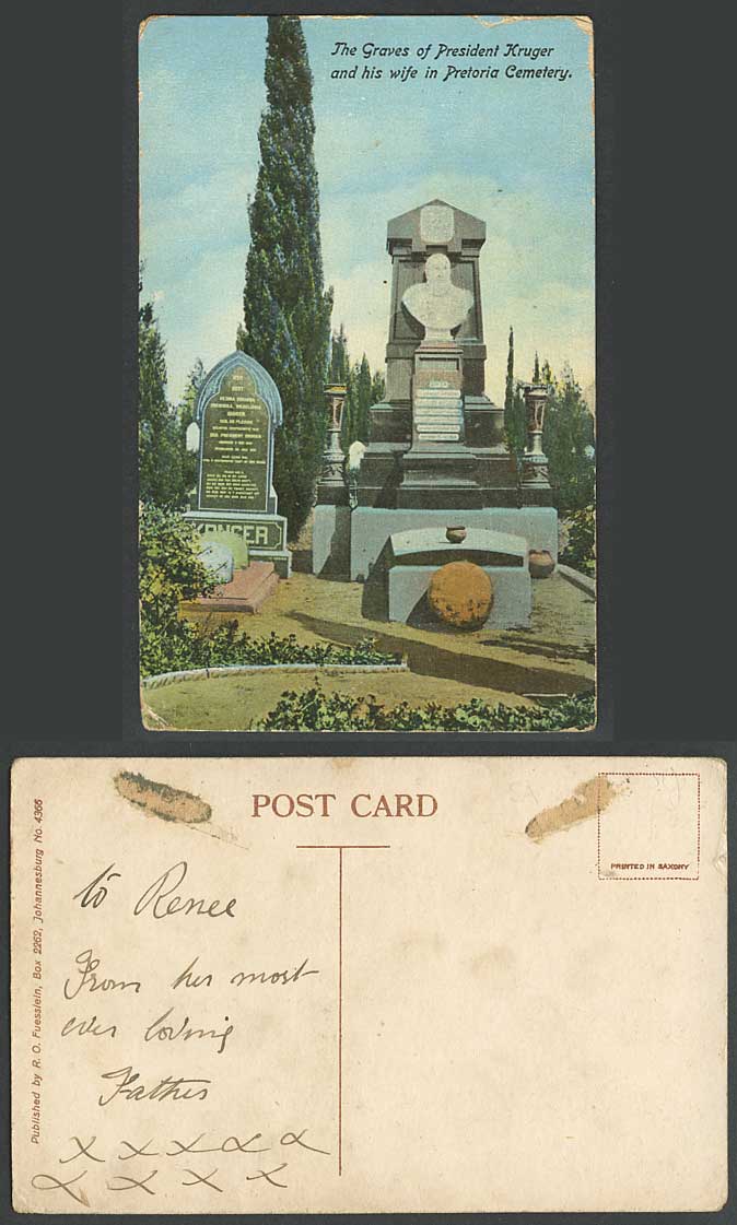 South Africa Old Postcard Pretoria Cemetery Graves President Kruger and His Wife