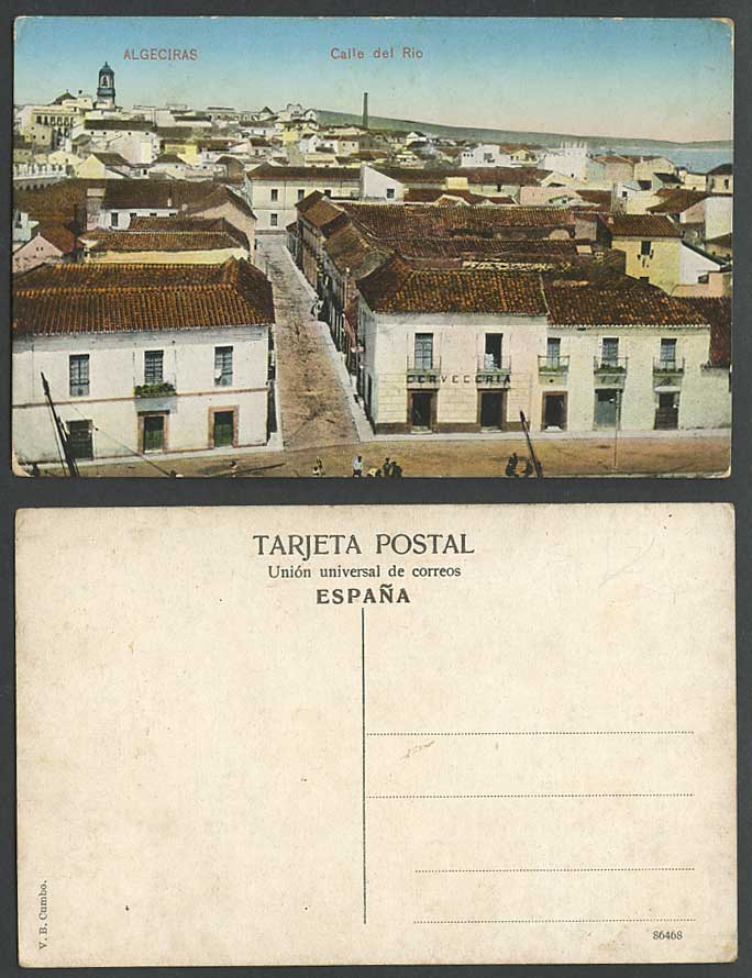 Spain, Algeciras, Calle del Rio Street Scene, Tower Panorama Old Colour Postcard