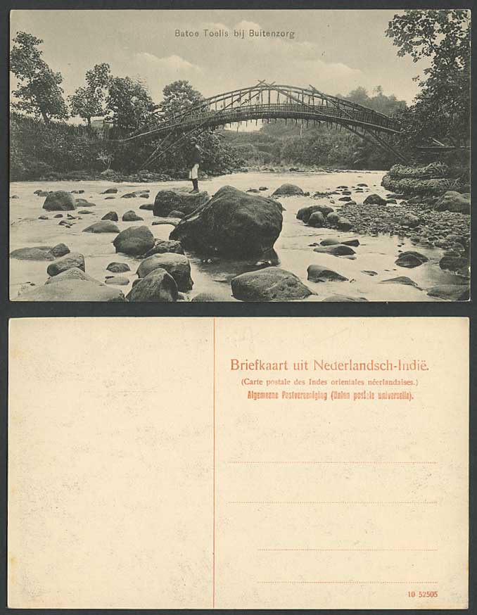 Indonesia Old Postcard Batoe Toelis bij Buitenzorg Suspension Bridge River Rocks