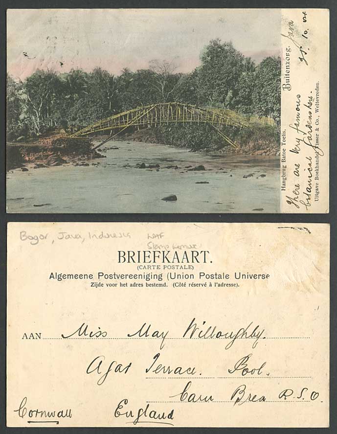 Indonesia Buitenzorg 1904 Old Postcard Hangbrug Batoe Toelis - Suspension Bridge