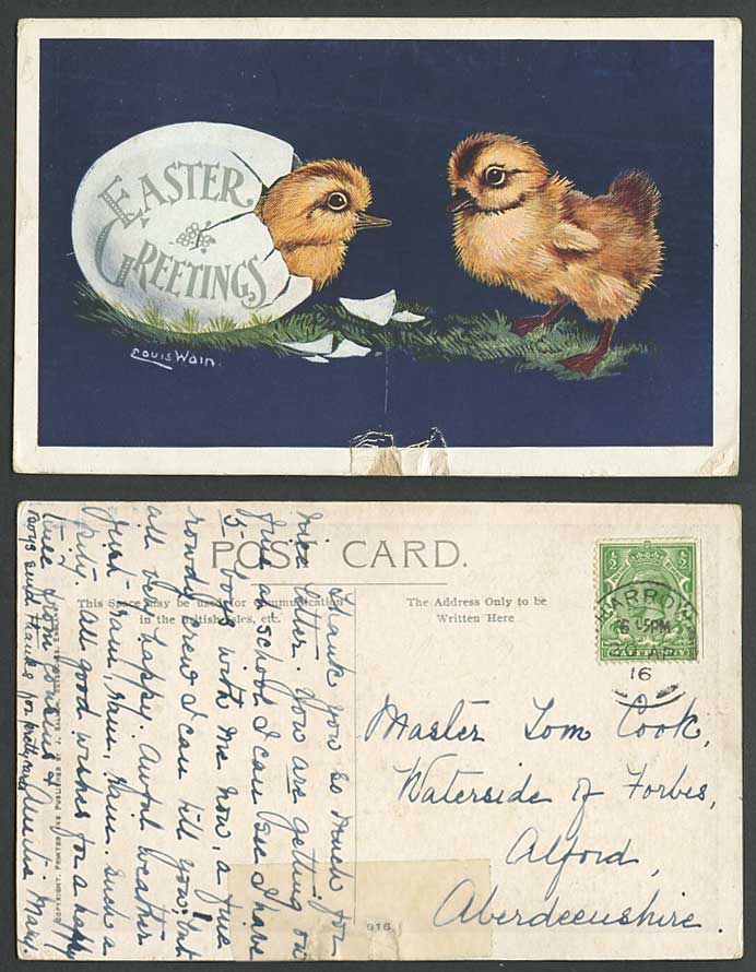 Louis Wain Artist Signed Chicks Birds Egg Easter Greetings 1916 Old ART Postcard