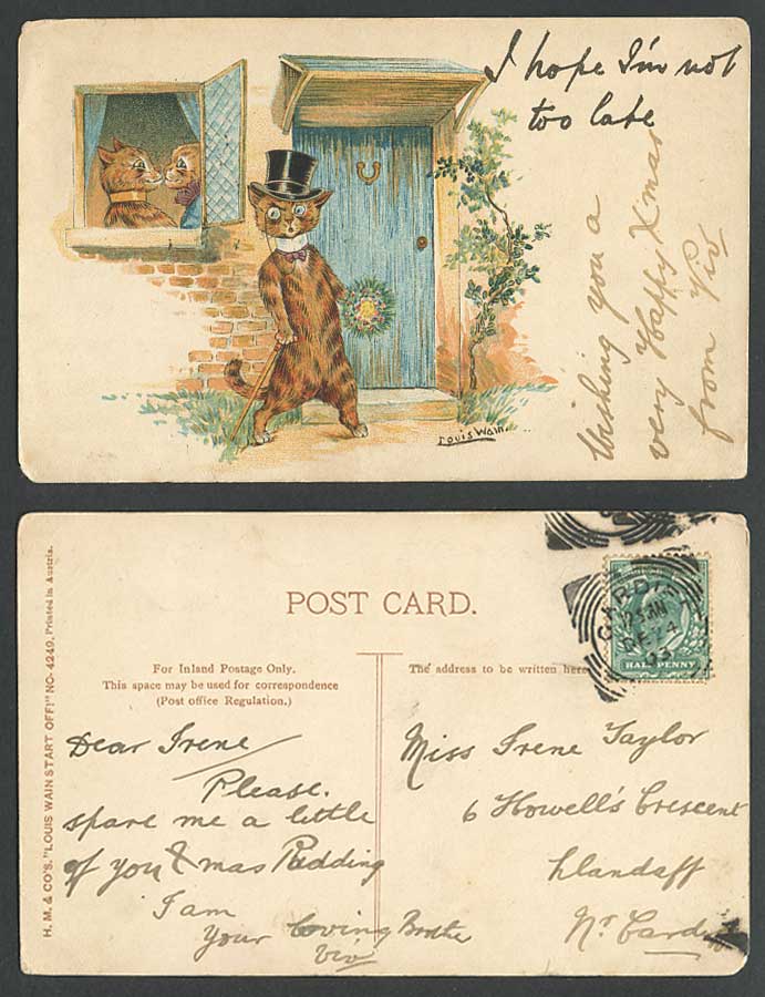 LOUIS WAIN Cats Kittens I Hope I'm Not Too Late Write Away 1903 Old ART Postcard