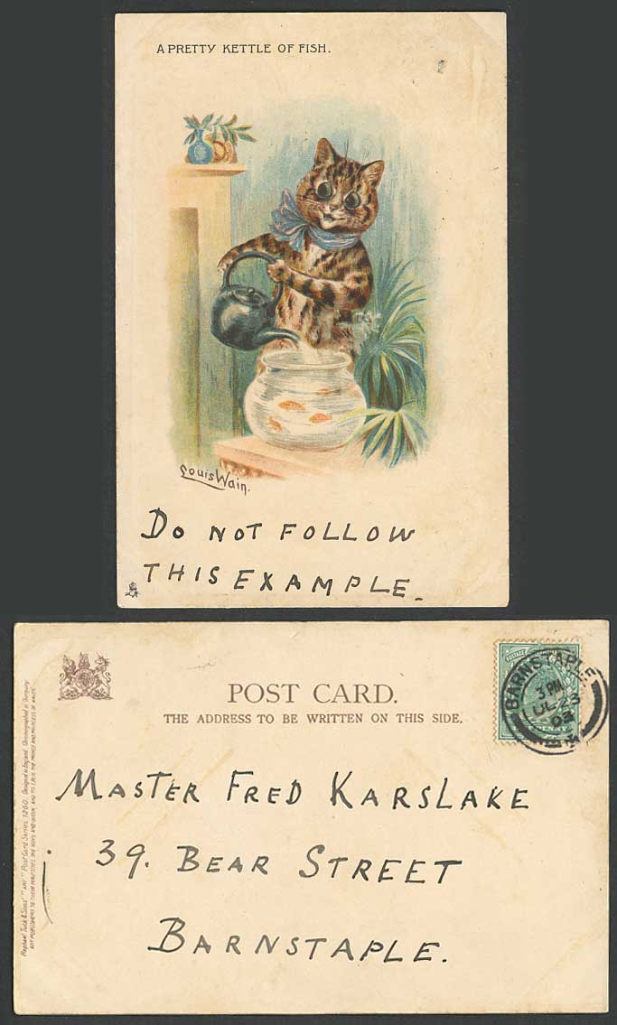 LOUIS WAIN Cat Kitten, A Pretty Kettle of Fish Goldfish 1903 Old Tuck's Postcard
