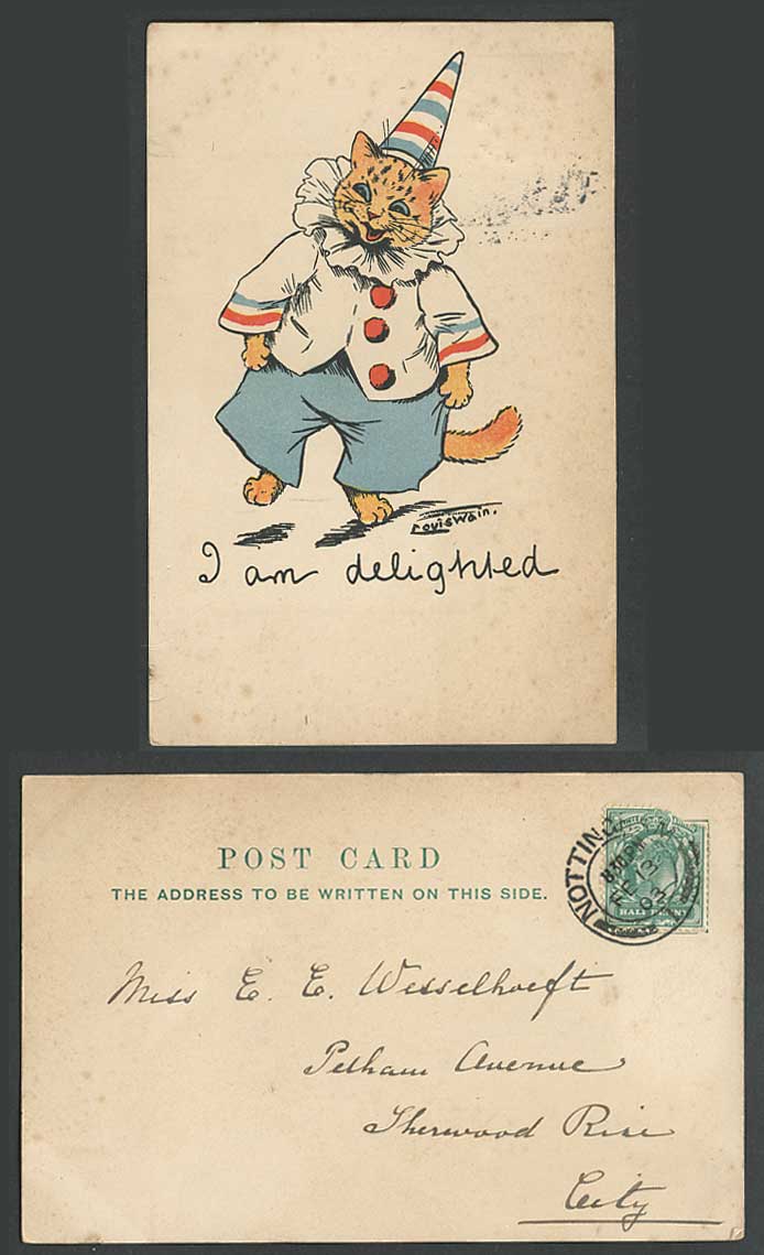 LOUIS WAIN Artist Signed Cat Clown, I am delighted, Write Away 1903 Old Postcard