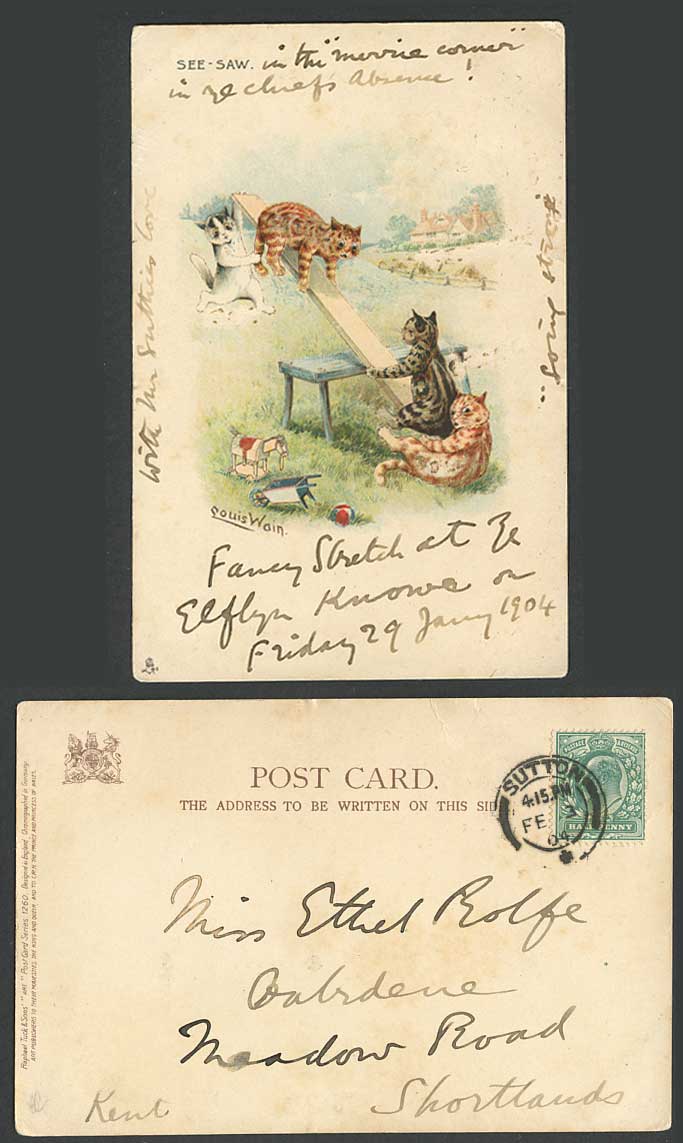 Louis Wain Artist Signed Cats Kittens See-Saw Seesaw 1904 Old Tuck's UB Postcard