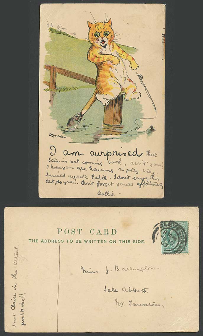 LOUIS WAIN Fish Bite Cat's Tail Fishing Angling I Am Surprised 1903 Old Postcard