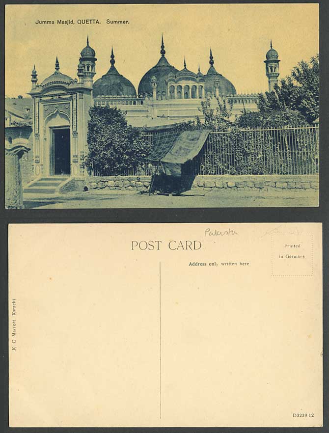 Pakistan Old Postcard Jumma Masjid QUETTA in Summer Entrance Gate Steps Br India