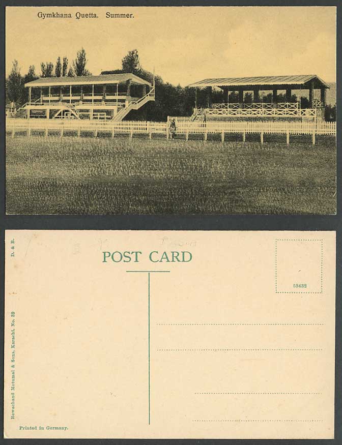 Pakistan Old Postcard Quetta Gymkhana Summer British India Rewachand Motumal 39.
