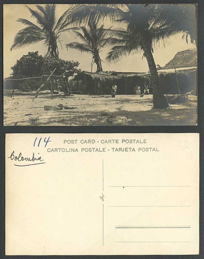 Colombia Old Real Photo Postcard Native Fishing Village Huts Houses, Palm Trees