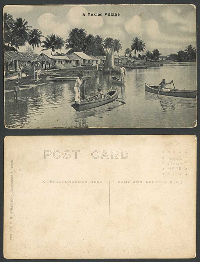 Mexico Old Postcard A Mexican Village Rowing Boats Sailing Boat Palm Trees House