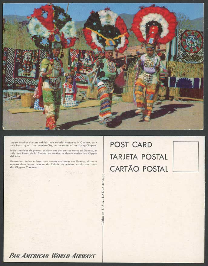 Mexico Old Postcard Indian Feather Dancers in Oaxaca, Pan American World Airways