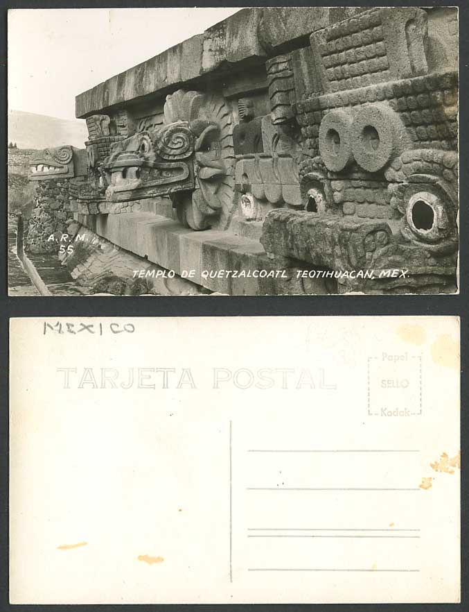 Mexico Temple Templo de Quetzalcoatl Teotihuacan Snake Fire God ARM Old Postcard