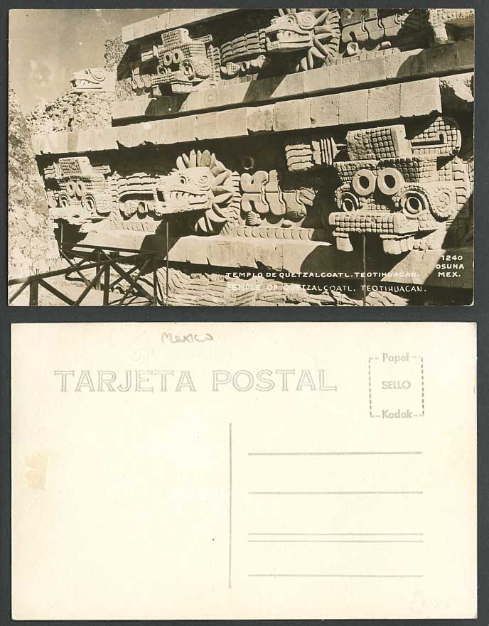 Mexico Temple Templo de Quetzalcoatl Teotihuacan Snake Fire Gods Old RP Postcard