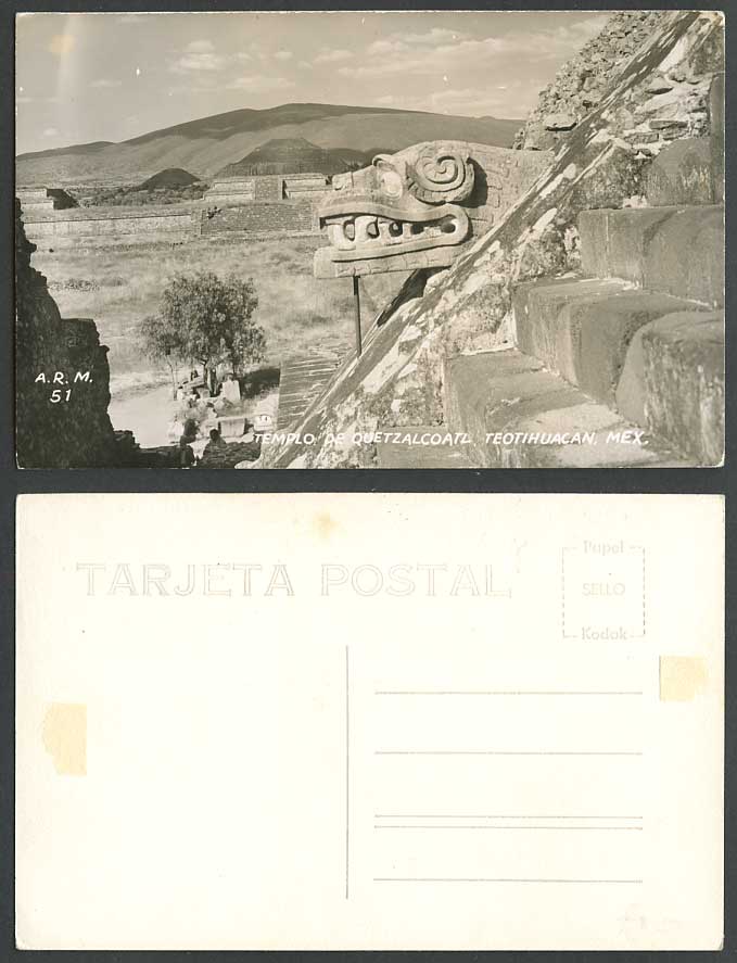Mexico Temple Templo de Quetzalcoatl, Teotihuacan Old Real Photo Postcard ARM 51