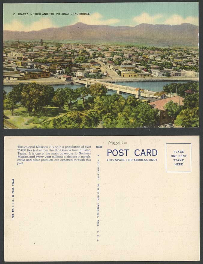 Mexico Old Postcard C. Juarez Mexico and International Bridge River Street Scene
