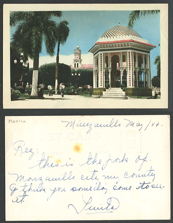 Mexico 1947 Old RP Color Postcard Manzanillo Park Clock Tower Pavilion Palm Tree