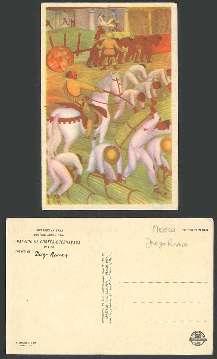 Mexico Old Postcard Diego Rivera Cutting Sugar Cane Horse Rider Art Artist Drawn