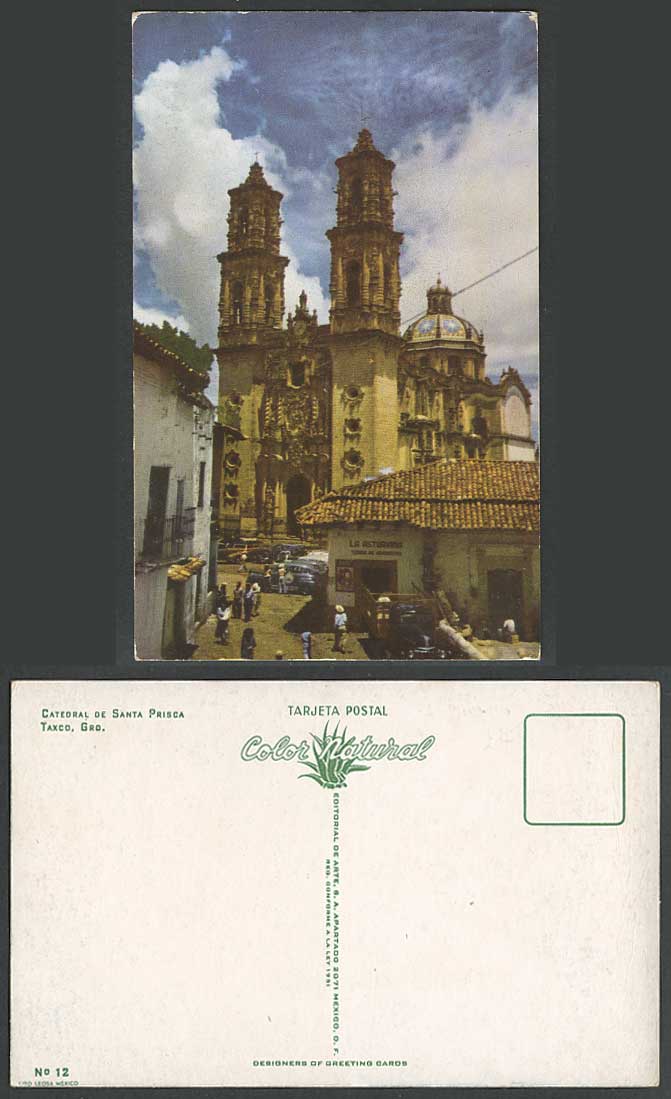 Mexico TAXCO Cathedral Santa Prisca Street Scene Restaurant Old Colour Postcard