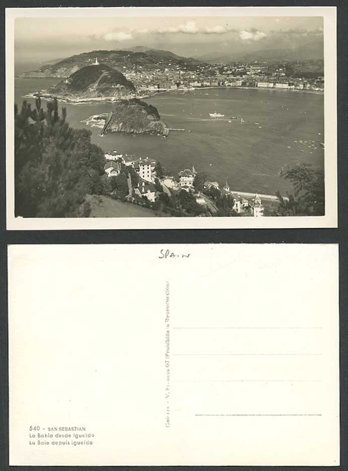 Spain Old Real Photo Postcard SAN SEBASTIAN La Bahia desde IGUELDO Rock Panorama