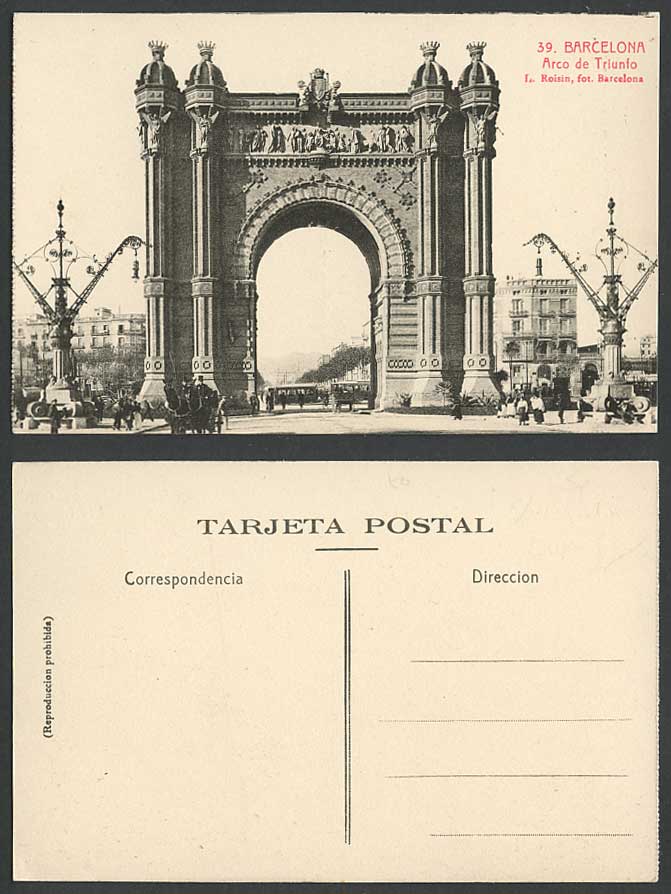 Spain Barcelona Old Postcard Arco de Triunfo Arch Gate TRAM Tramway Street Scene