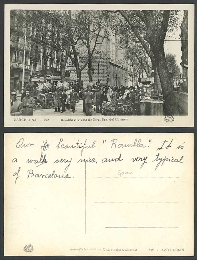 Spain Barcelona Old Postcard Rambla e Iglesia de Ntra Sra del Carmen TRAM Street