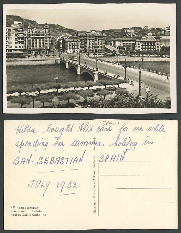 Spain 1952 Old Postcard San Sebastian Bridge Puente de Sta. Catalina Street TRAM