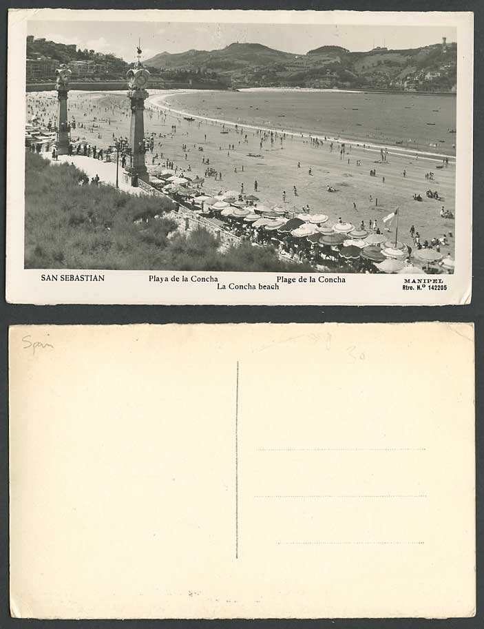 Spain Old RP Postcard San Sebastian, Plage Playa de la Concha Beach Clock Towers