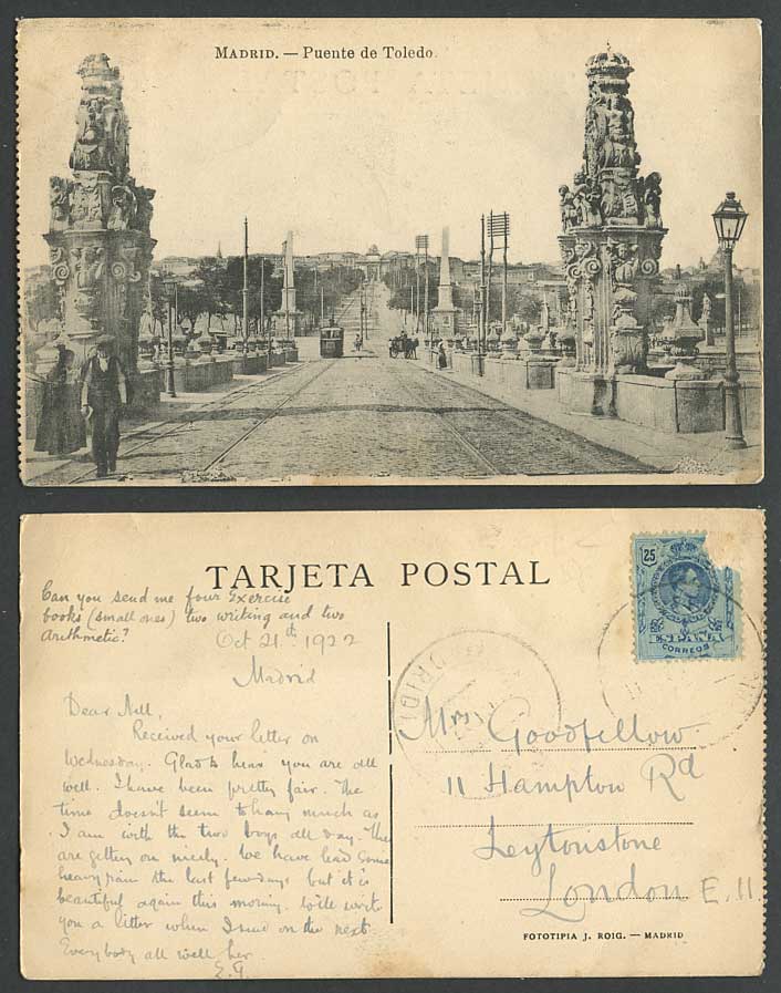 Spain 1922 Old Postcard MADRID Puerta de Toledo Bridge TRAM Tramway Street Scene