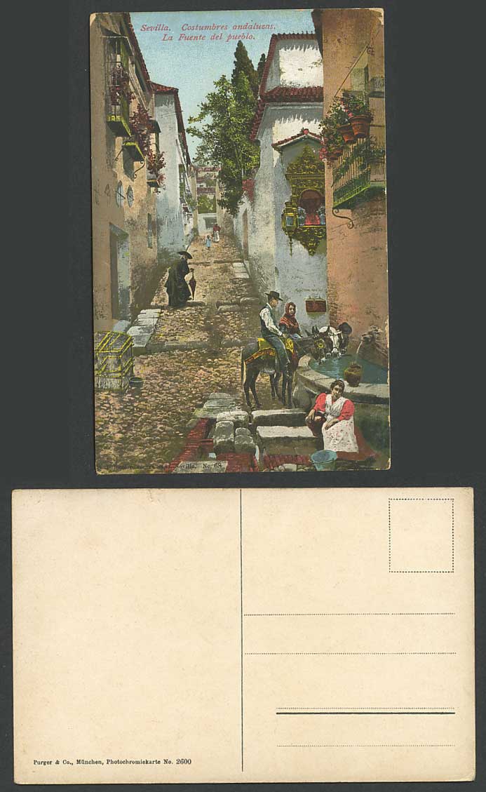 Spain Sevilla Costumbres Andaluzas Fuente del Pueblo Donkey Street Old Postcard