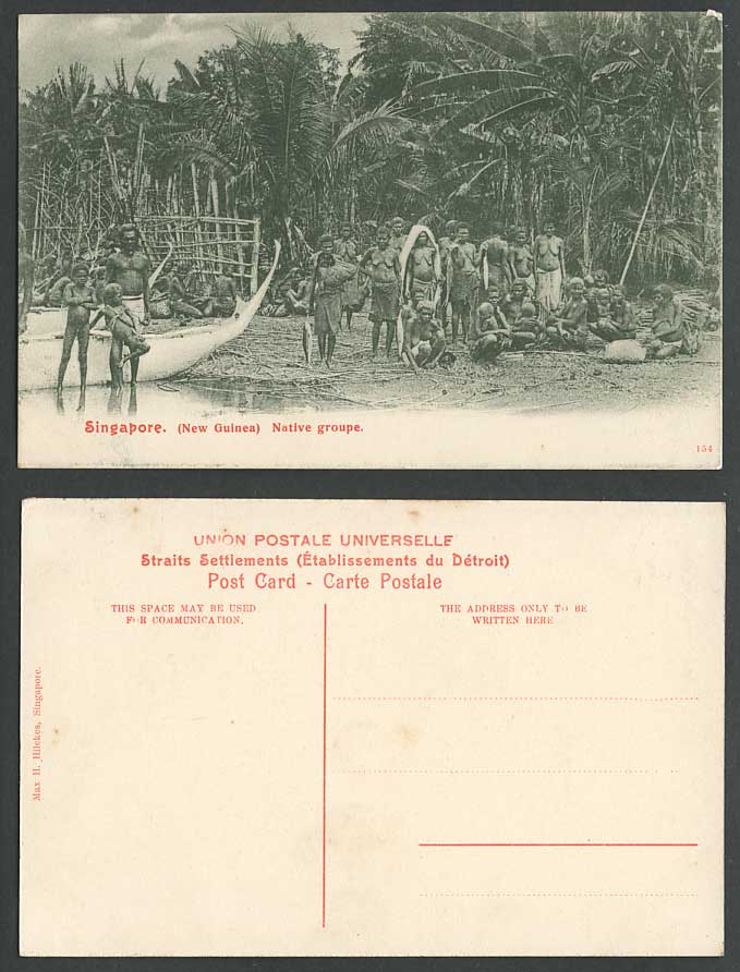 Singapore Old Postcard New Guinea Native Group of Men Women Children, Boat Canoe
