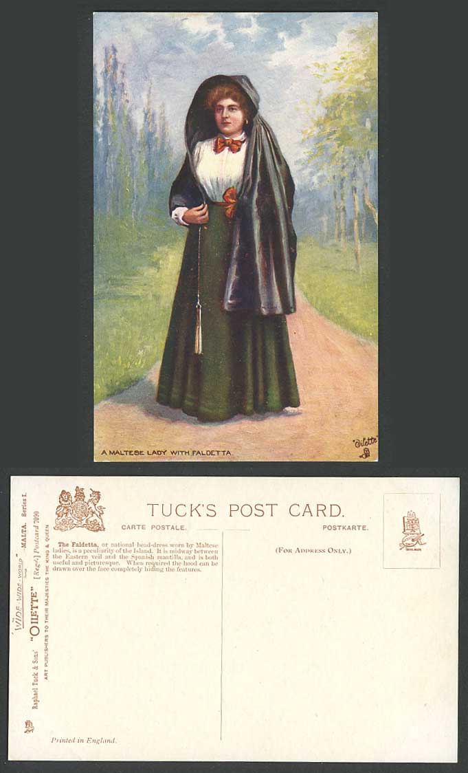 Malta Old Tuck's Oilette Postcard Maltese Lady Woman Faldetta National Headdress