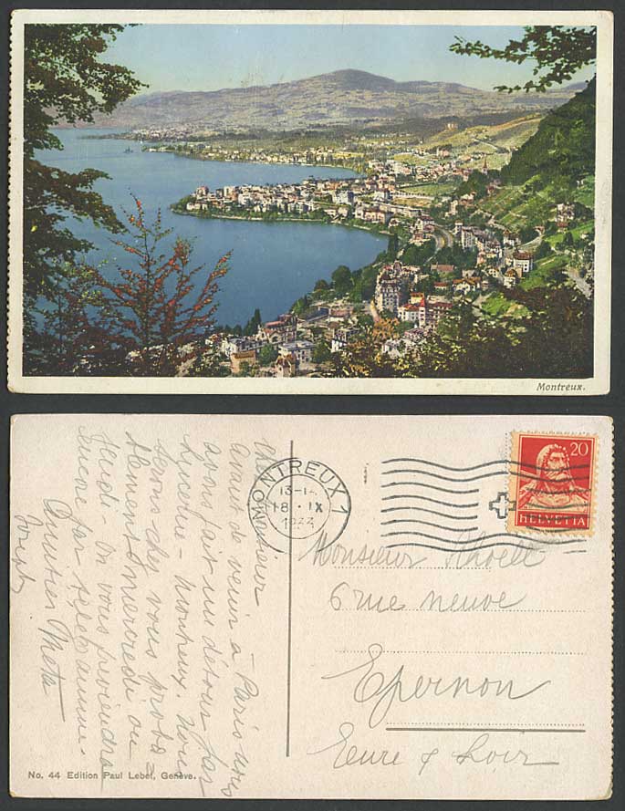 Switzerland Swiss 1933 Old Colour Postcard MONTREUX Mountains Lake Panorama