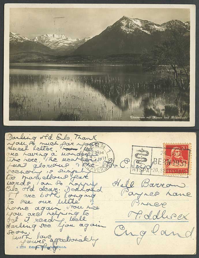 Swiss 20c Bern 1931 Old RP Postcard Thunersee Niesen Bluemlisalp Lake Mountains