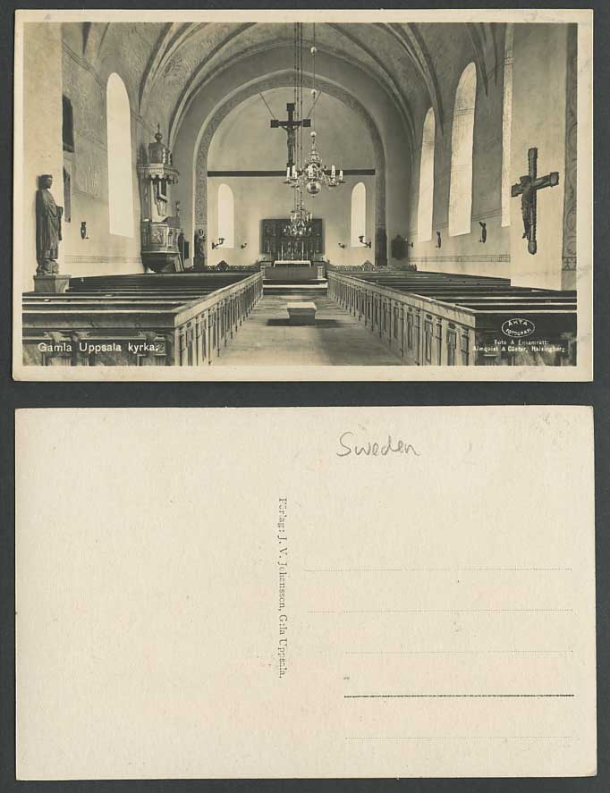 Sweden Old Real Photo Postcard Gamla Uppsala Kyrkan Church Interior Crucifixion