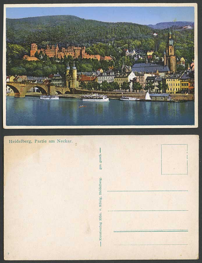 Germany HEIDELBERG, Partie am Neckar Bridge & Ferries Boats Old Colour Postcard