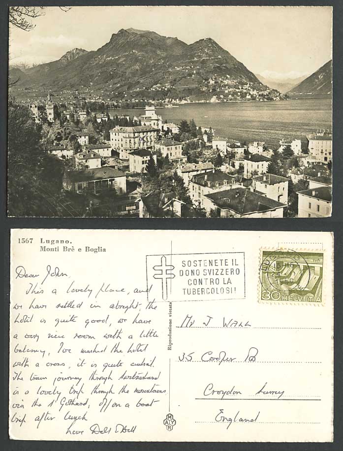 Switzerland 1958 Old Postcard Lugano Monti Bre e Boglia Lake Mountains Panorama