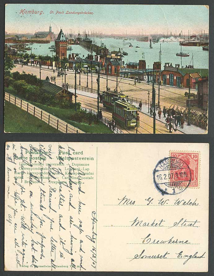 Germany Hamburg 1907 Old Postcard St. Pauli Landungsbruecken Bridge TRAM Street