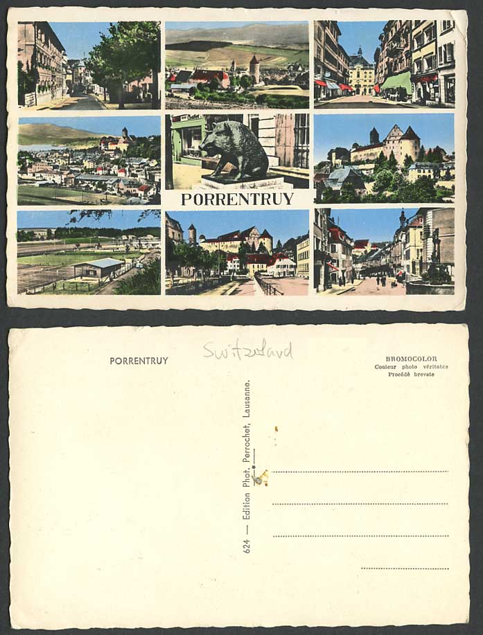 Switzerland Swiss Old Postcard Porrentruy Street Scene Pig Boar Statue Fountain