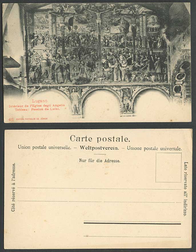 Switzerland Old Postcard Lugano In Eglise degli Angelio Tableau Passion de Luini