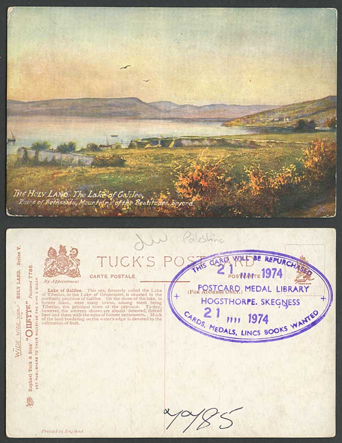 Palestine Old Tuck's Oilette Postcard Lake of Galilee Tiberias Beatitudes Israel