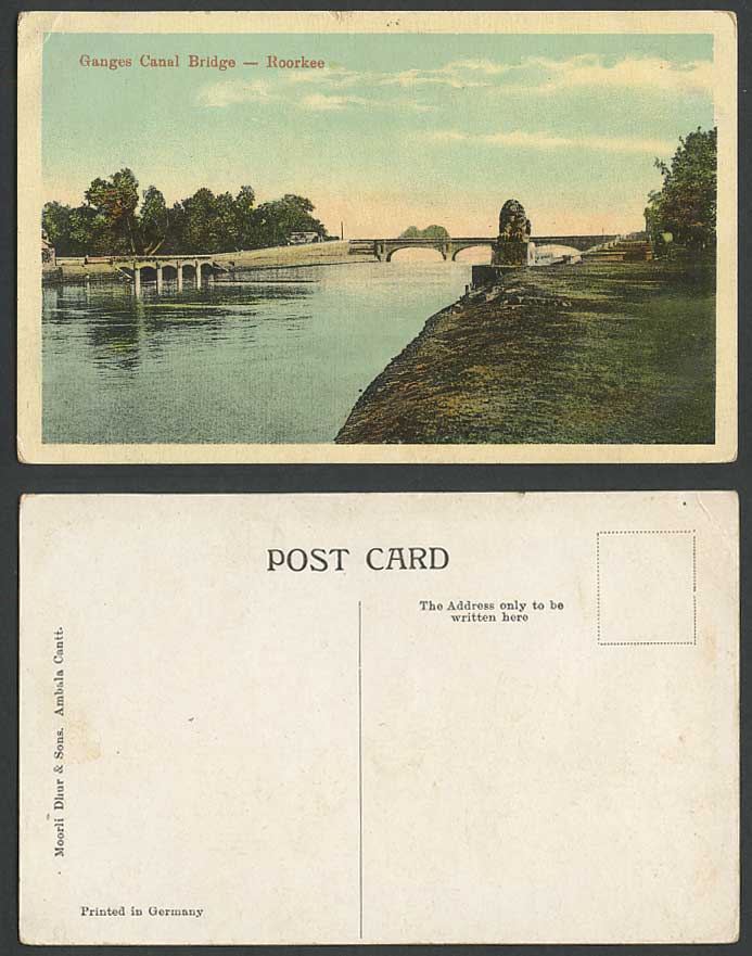 India Old Colour Postcard Ganges Canal Bridge - Roorkee, River Scene Statue Cart