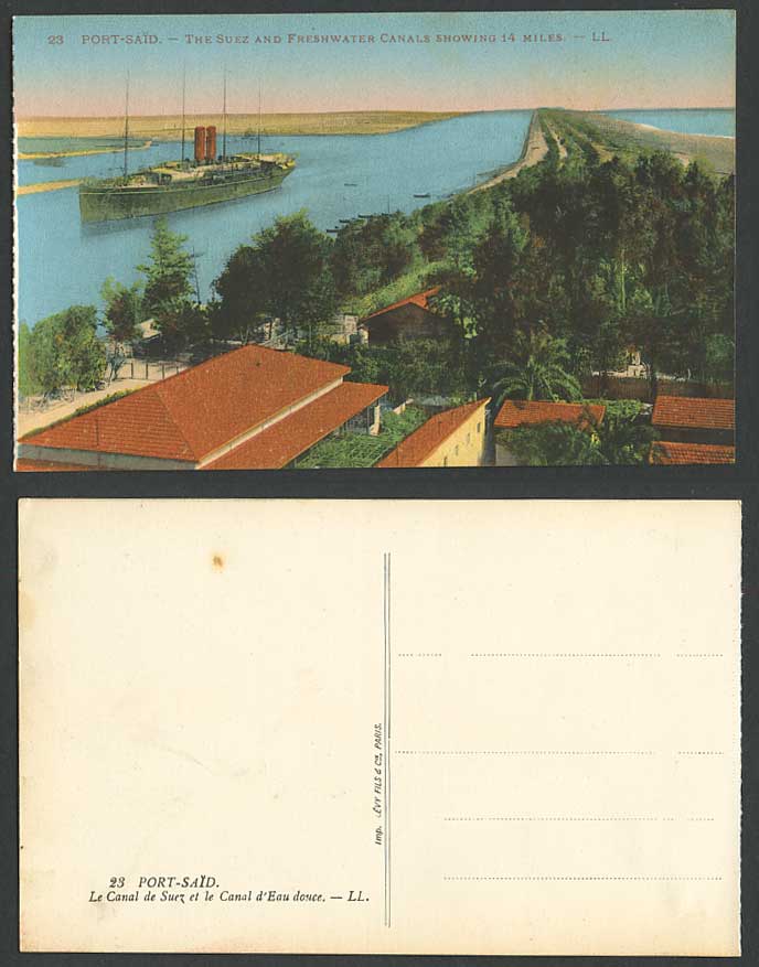 Egypt L.L.23 Old Postcard Port Said The Suez, Freshwater Canals Showing 14 Miles