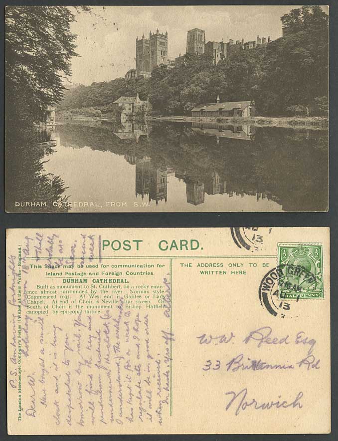 Durham Cathedral from S.W. South West River Scene & Reflection 1913 Old Postcard