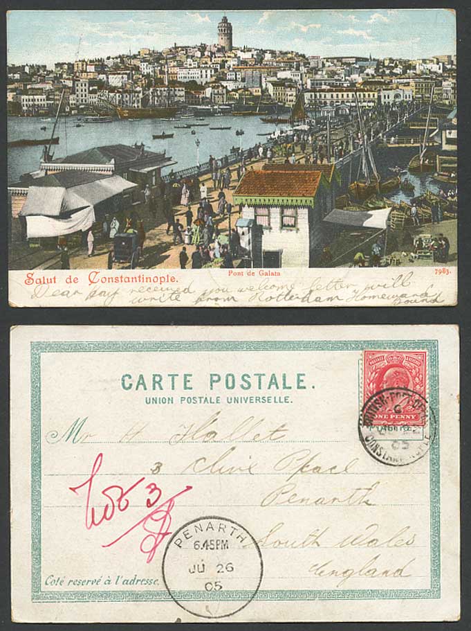 Turkey British Post Office Constantinople KE7 1d 1905 Old Postcard Galata Bridge