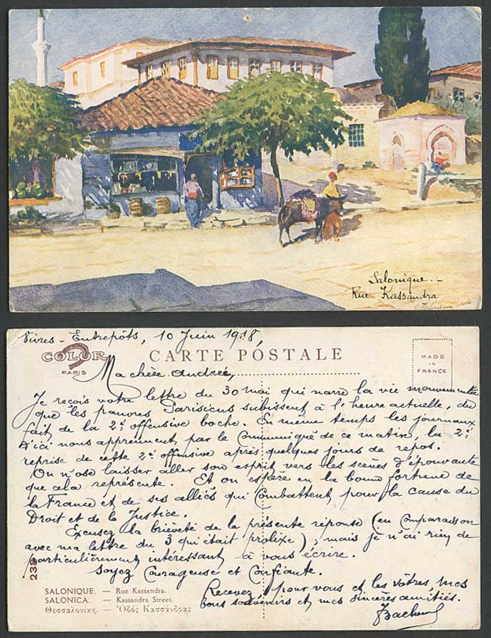 Greece 1918 Old ART Postcard Salonique, Rue Kassandra Street Scene Artist Signed